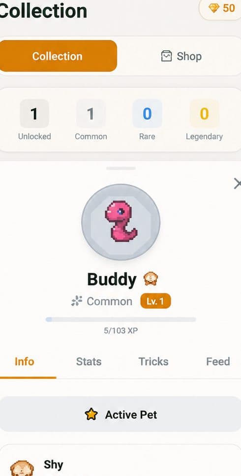Nurrow pet detail screen showing a collected companion, friendship level, and rarity, the collection system that goes beyond Forest's single tree