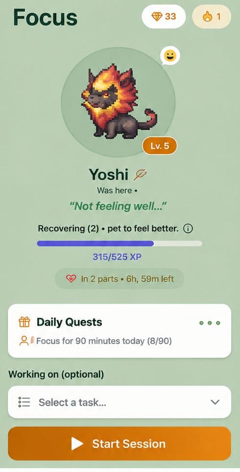 Nurrow stats screen showing focus session history, daily focus time, timer mode breakdown, and streak tracking