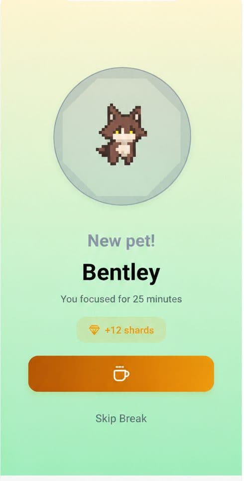 Nurrow focus app home screen showing a study timer and pet companion for student focus sessions
