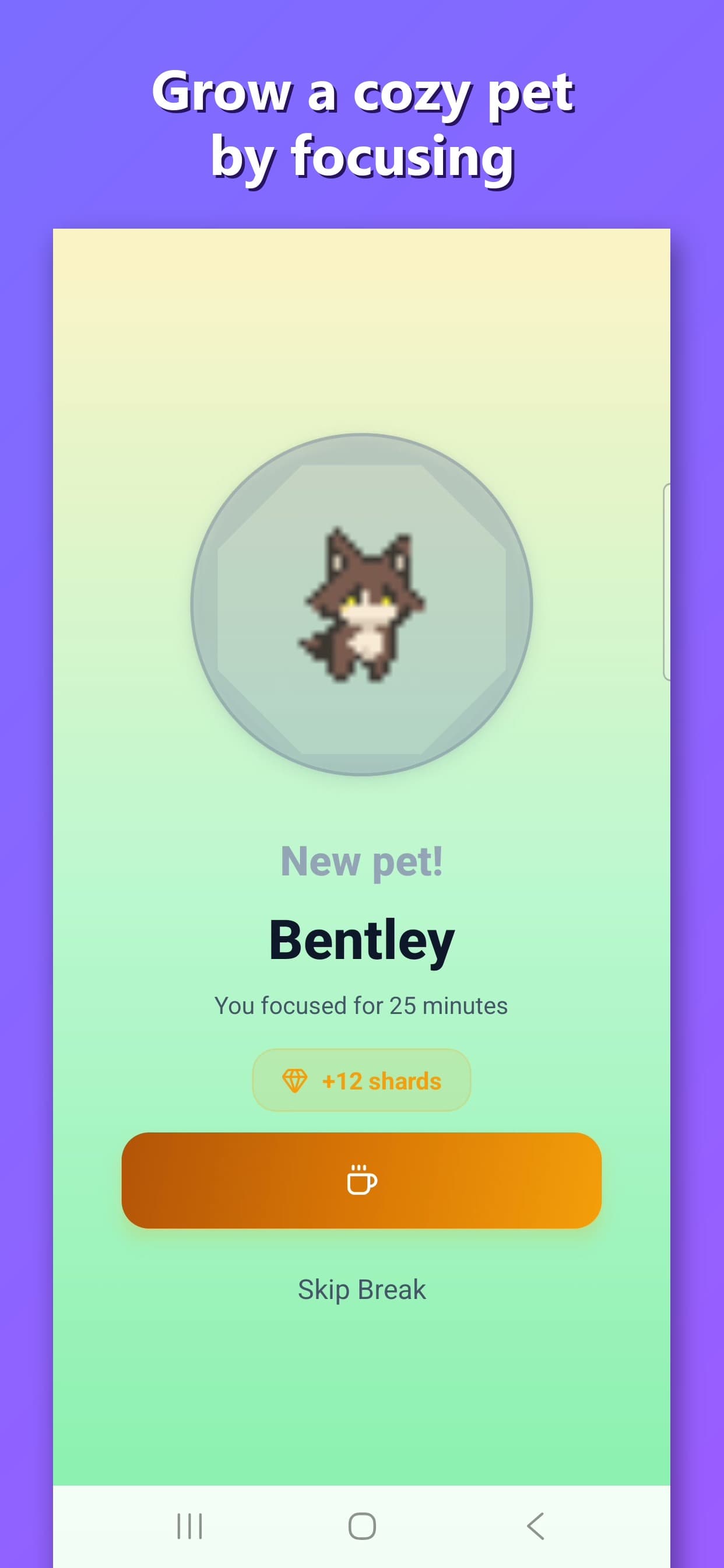 Nurrow Android app showing an active focus session timer and pet screen