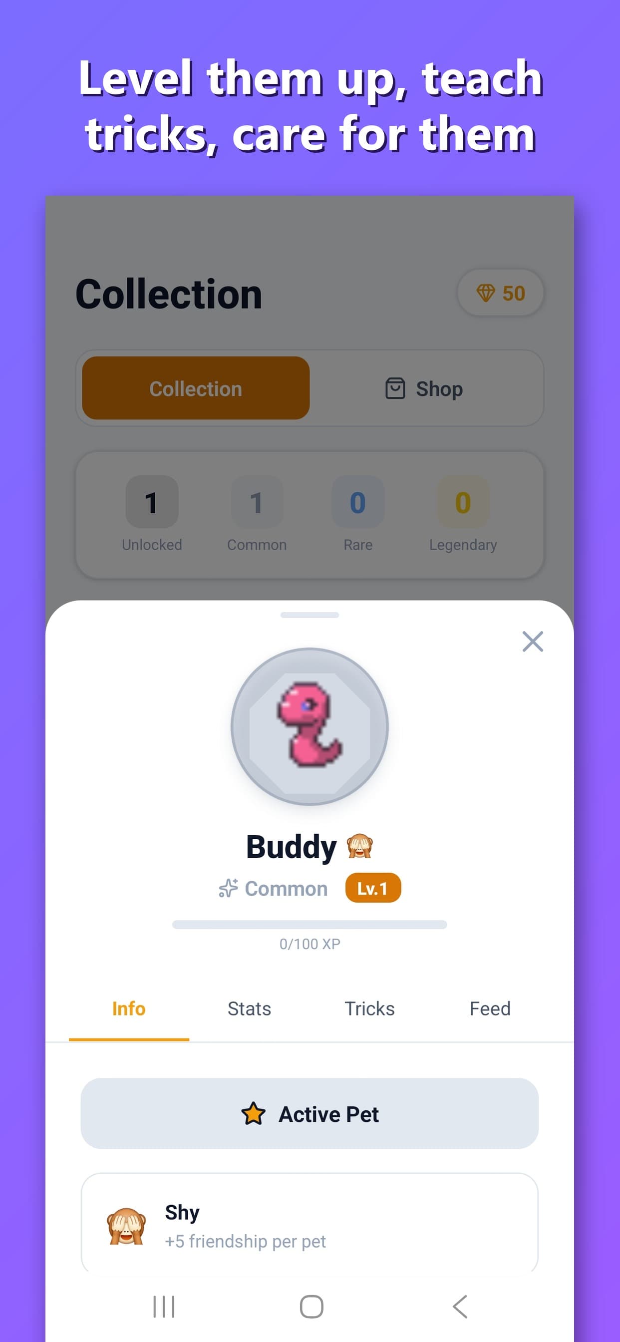 Nurrow pet detail screen showing a collected companion, friendship level, and rarity, the collection system that goes beyond Forest's single tree