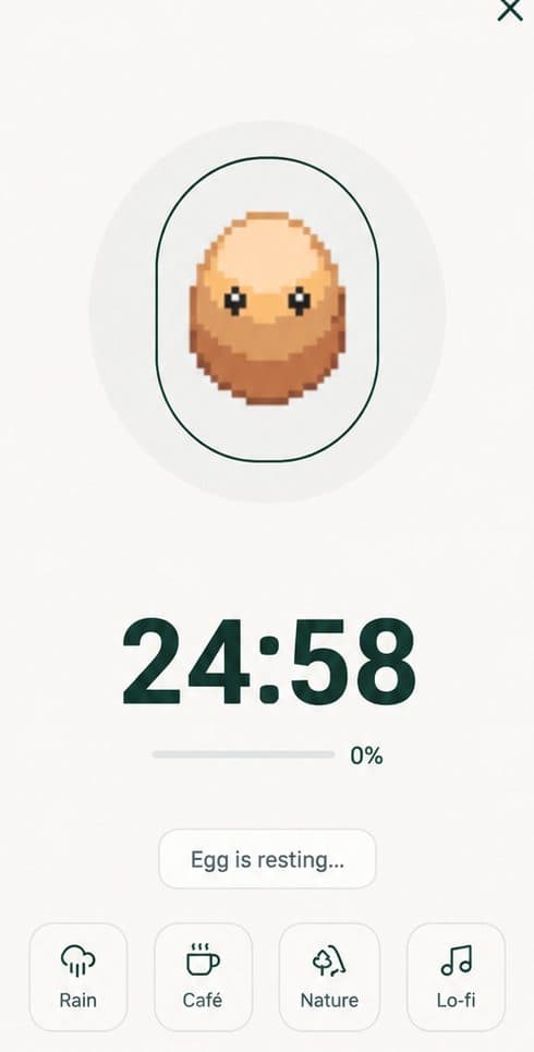 Focus timer screen showing a short work session used to overcome procrastination and just start a task